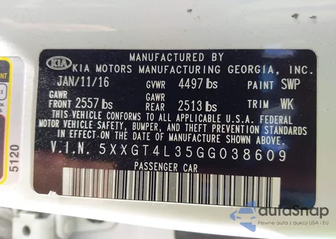 2016 Kia Optima Lx из США, поврежденный, VIN 5XXGT4L35GG038609